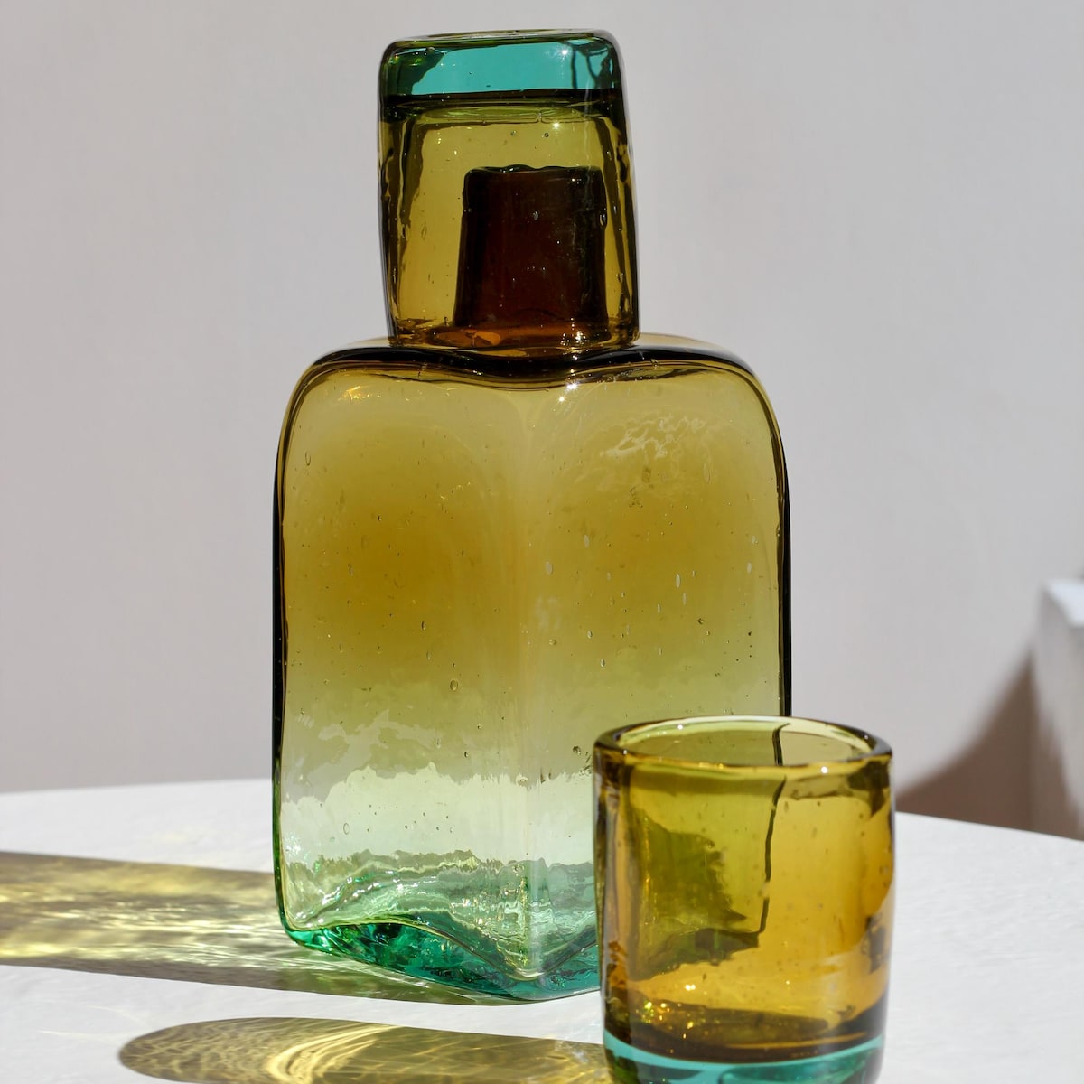 Hand Blown Recycled Glass Carafe and Tumbler Set: Amber/aqua - Etsy