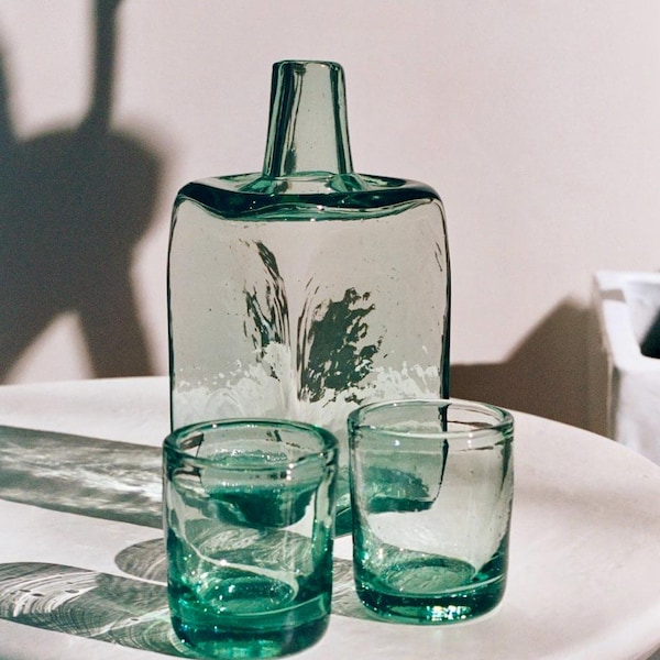 Recycled Glass Bedside Carafe Set – Turquoise Hand Blown Water Carafe