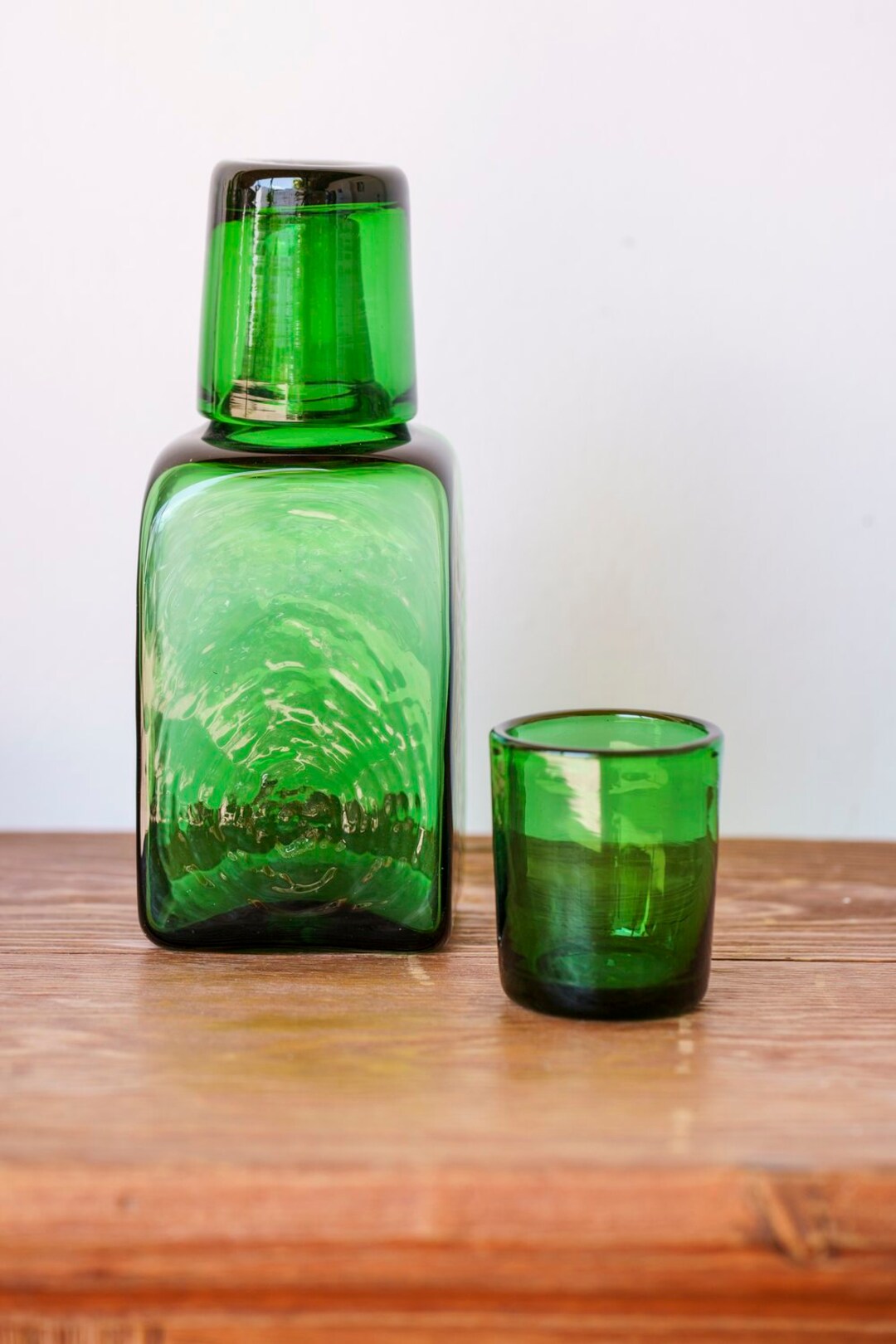 Carafe Set Green, Carafe and Glass Set, Recycled Glassware, Glass Tumblers, Bedside Carafe Set