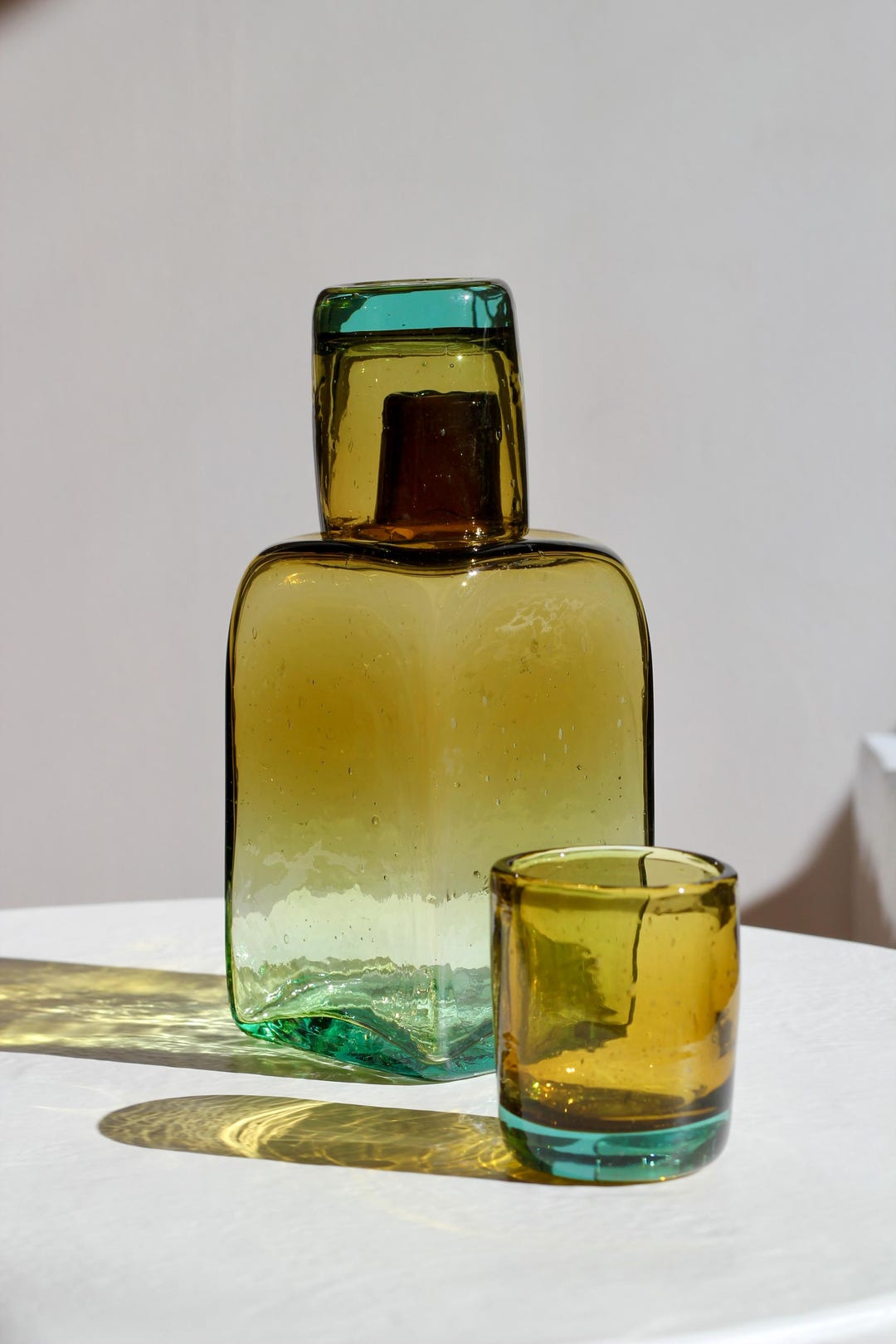 Hand Blown Recycled Glass Carafe and Tumbler Set: Amber/Aqua - Carafe + 2 Tumblers