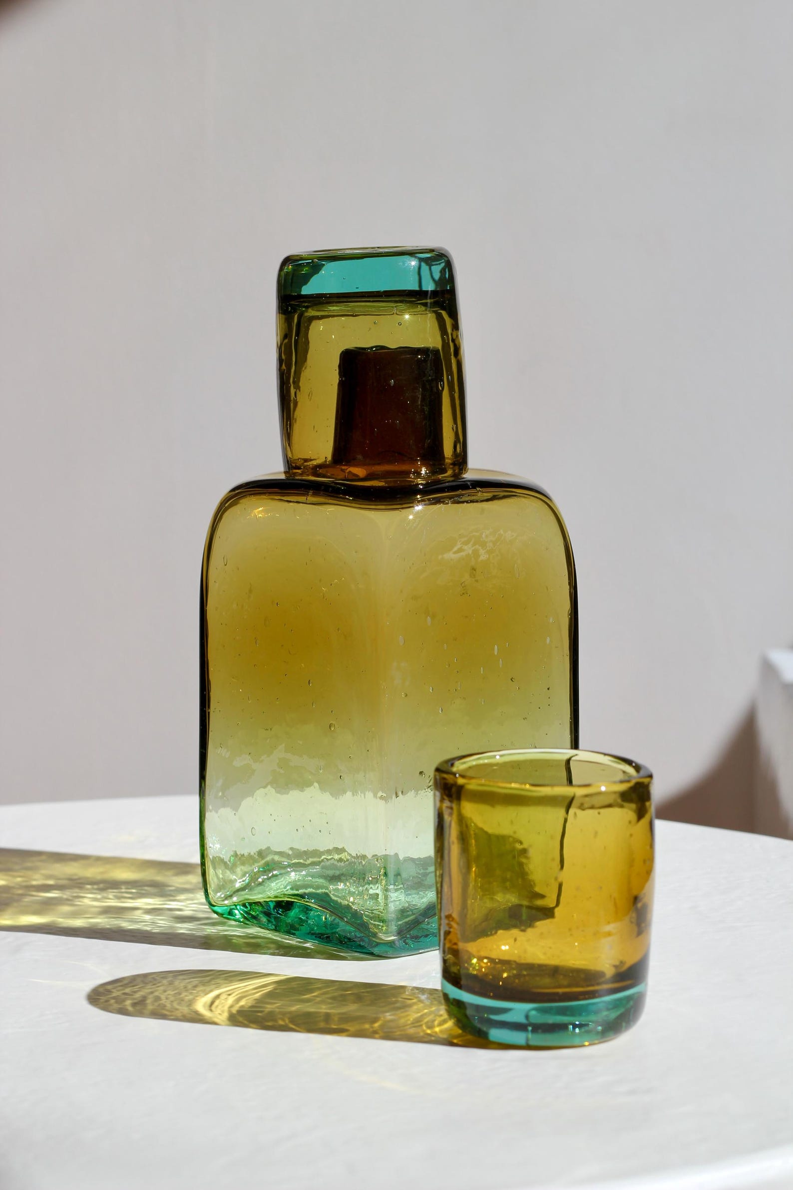Glass Bedside Carafe Set – Amber and Aqua Hand Blown Water Carafe - Carafe + 1 Tumbler