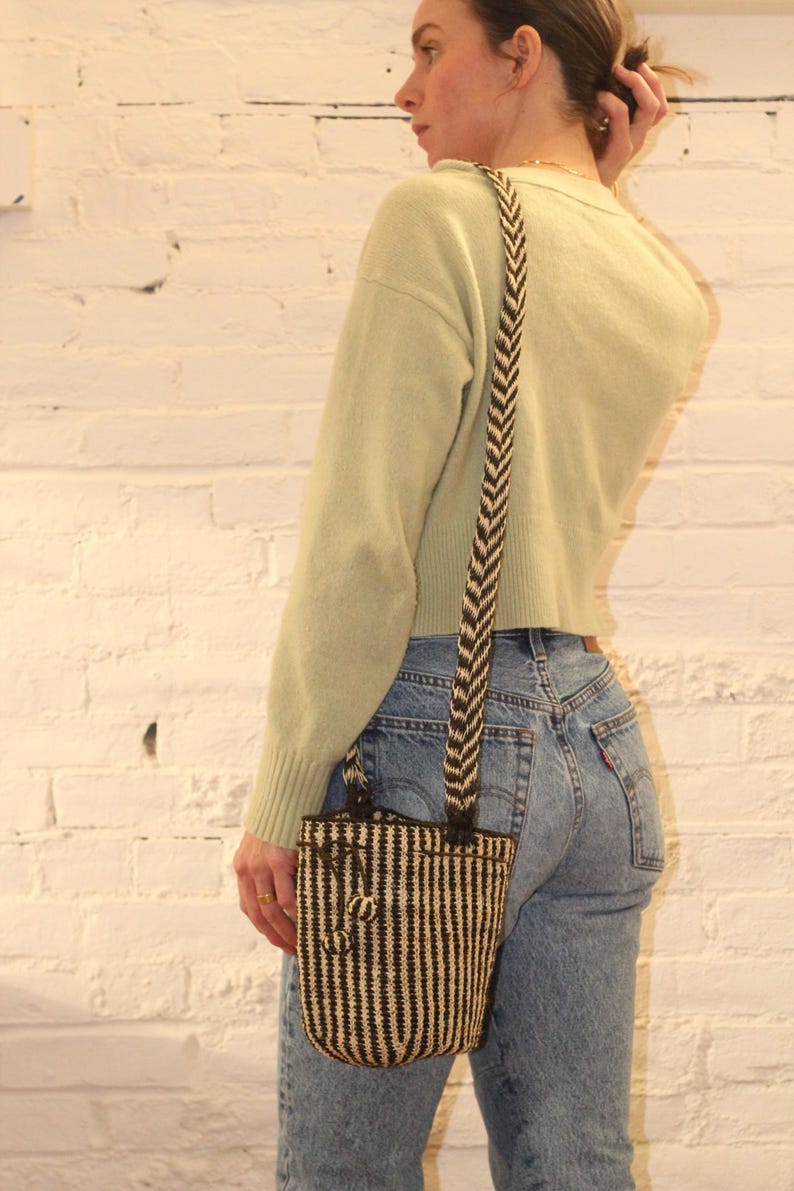 Bolso de mercado estilo boho a rayas – Bolso de hombro de fibra natural tejido a mano imagen 2