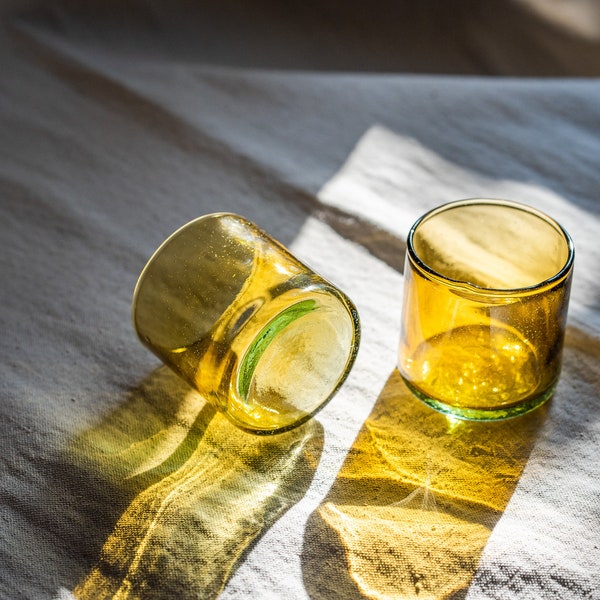 Sunflower Short Glasses - Set of 4| Recycled Glass | Hand Blown | Housewarming Gift | Engagement Gift | Handmade Drinkware | Rocks Glass