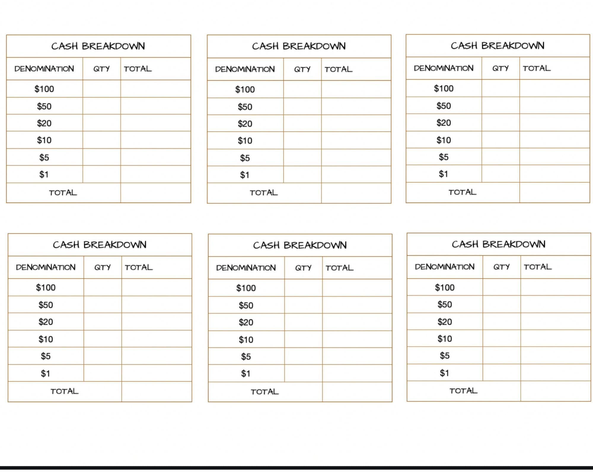 cash breakdown template