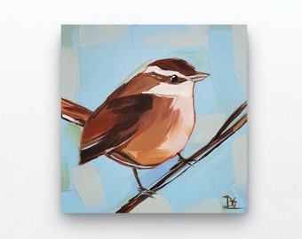 Small Bird Painting, Carolina Wren, 6 x 6, Bird Art, Original Bird Painting, Small Painting, Handmade Gift for bird lover