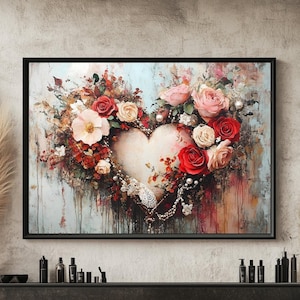 Arte digital romântica de coração vitoriano, impressão de parede floral vintage, cartão elegante de dia dos namorados, cartão postal de inspiração antiga, impressão rústica