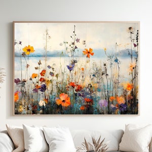 Wildflower Meadow Digital Art | Colourful Floral Landscape Wall Art | Nature-Inspired Printable Decor | Horizontal painting with flowers