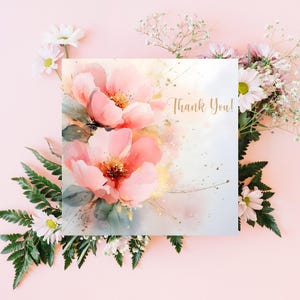 Bedankkaart met blozende bloemen, afdrukbare uitnodiging en kunst aan de muur – elegant aquarelpioenontwerp met gouden accenten, digitale vierkante kaarten