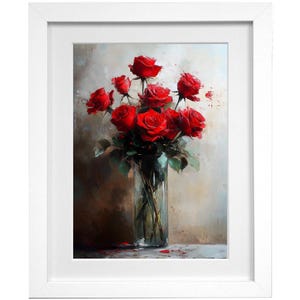 Arte de parede digital de rosas vermelhas românticas | Pintura a óleo floral para impressão | Presente de dia dos namorados, arte elegante de buquê de rosas | Download de cartão de aniversário