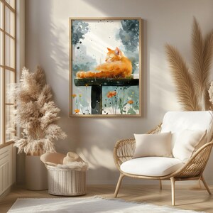 Cozy Orange Cat Digital Watercolor Painting | Relaxed Feline Wall Art ...