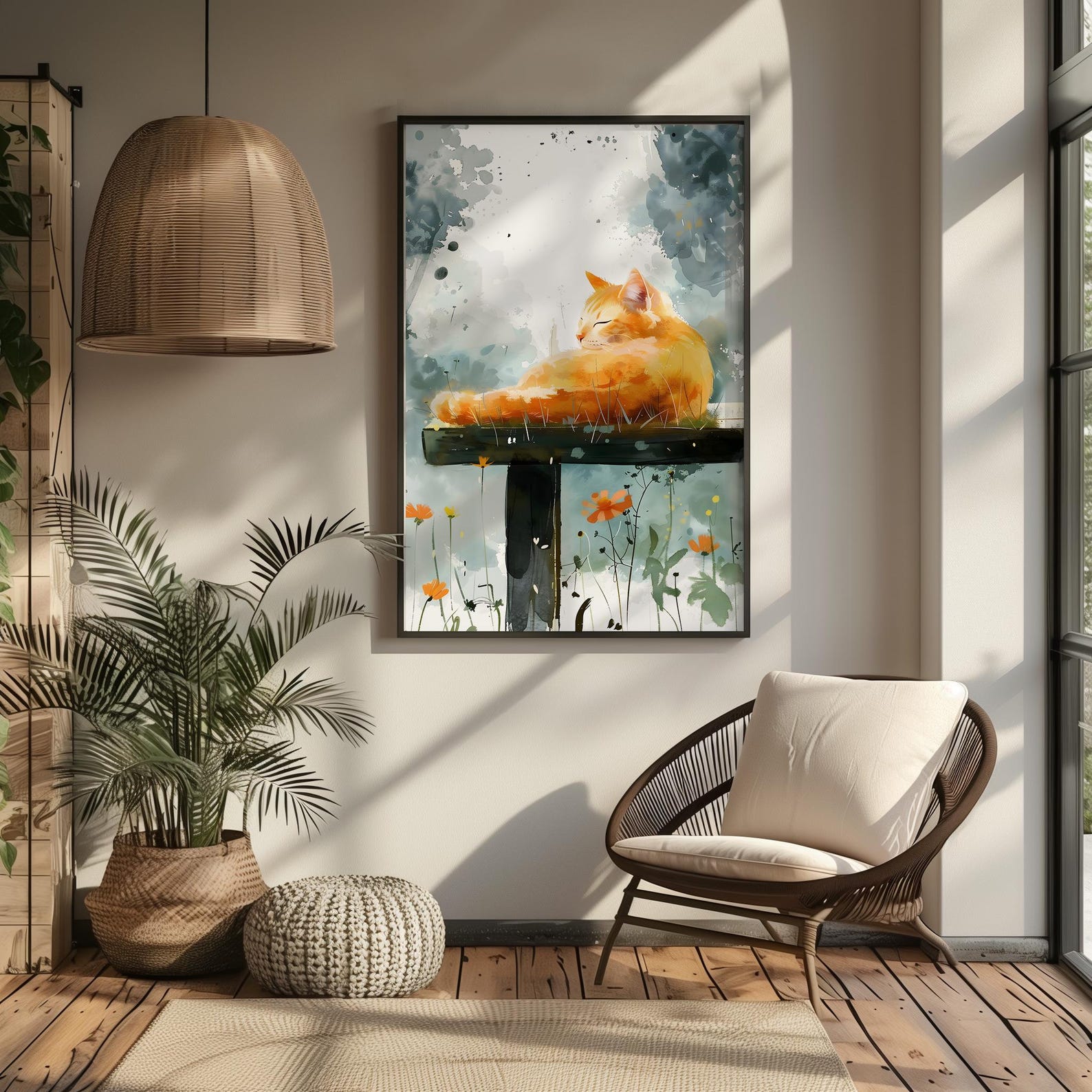 Cozy Orange Cat Digital Watercolor Painting | Relaxed Feline Wall Art ...