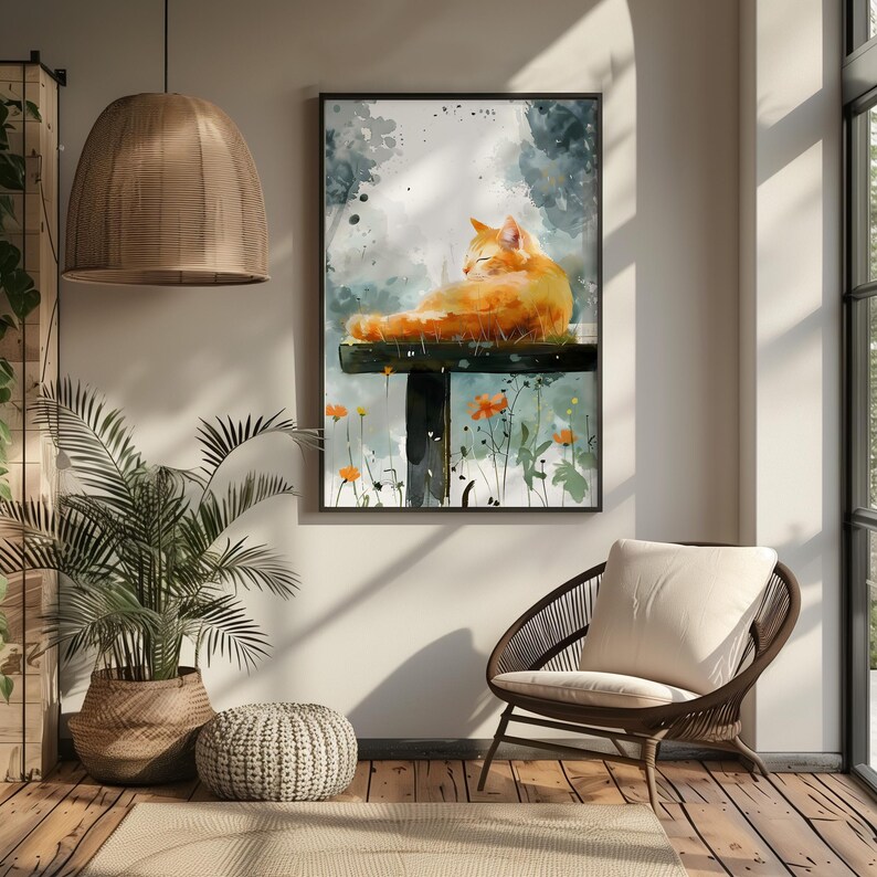 Cozy Orange Cat Digital Watercolor Painting | Relaxed Feline Wall Art ...