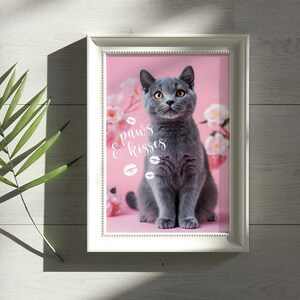 Art mural numérique chat gris pattes et bisous pour les amoureux des chats, chat mignon rose téléchargement immédiat, carte pour la Saint-Valentin pour les propriétaires d'animaux de compagnie, décoration d'intérieur