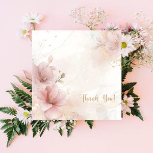 Elegante conjunto de fondo digital floral rosa / Invitación, tarjeta de agradecimiento y diseño en blanco / Tarjetas cuadradas imprimibles / Flores de acuarela rosa