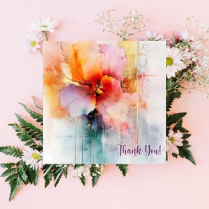 Abstract Floral Thank You Card, Printable Invitation and Wall Art, Elegant Watercolour Flower Design with Gold Accents, Digital Square Cards