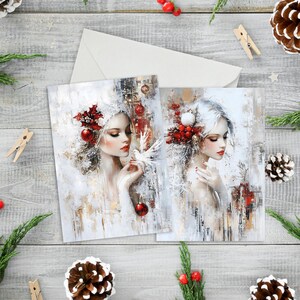 Beauté de Noël Art numérique | Impression d'art hiver femmes | Cartes postales festives | Décoration murale imprimable des Fêtes | Ange de Noël en téléchargement numérique