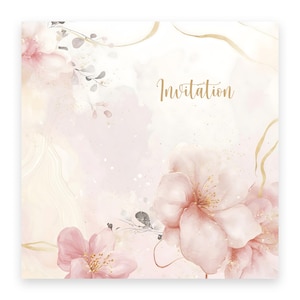 Digitale ansichtkaartenset met bloemen | Uitnodigingskaarten, bedankkaarten en blanco kaarten | Afdrukbare vierkante kaarten | Roze aquarelbloemen | Direct downloaden