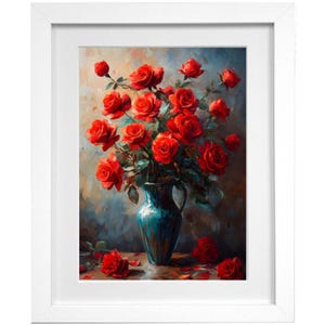 Arte de parede digital de rosas vermelhas | Floral romântico para impressão | Presente de dia dos namorados | Pintura de rosas vintage | Download de cartão de aniversário e aniversário