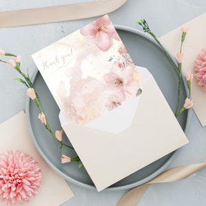 Conjunto de cartões postais digitais florais | Convites, cartões de agradecimento e cartões em branco | Cartões quadrados para impressão | Flores em aquarela rosa | Download instantâneo
