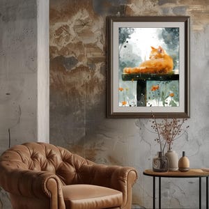 Cozy Orange Cat Digital Watercolor Painting | Relaxed Feline Wall Art ...