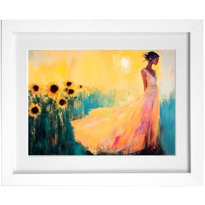 Ethereal Woman & Sunflowers Digital Painting - Romantischer Sonnenuntergang Wandkunst, feminine Boho Wohnkultur, Warme Sommerästhetik Sofort-Download