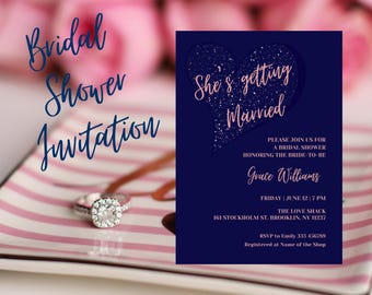 Plantilla de invitación para despedida de soltera en color oro rosa y azul marino, plantilla editable, descarga instantánea, imprimible