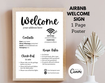 Plantilla de letrero de bienvenida de Airbnb: Normas de la casa, wifi (plantilla editable de Canva)