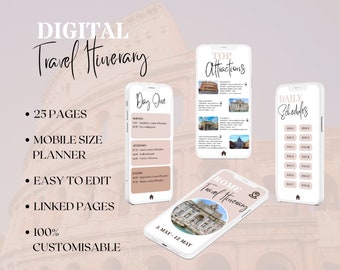 Plantilla de itinerario de viaje - Itinerario móvil - Planificador de viajes editable - Guía de viajes digital - Programa de viajes - Itinerario de viaje