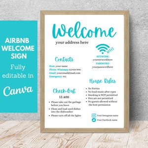Szablon plakatu powitalnego Airbnb, przewodnik powitalny, wypełnialny i edytowalny szablon Airbnb, zasady domu + Wi-Fi + instrukcje dotyczące wymeldowania