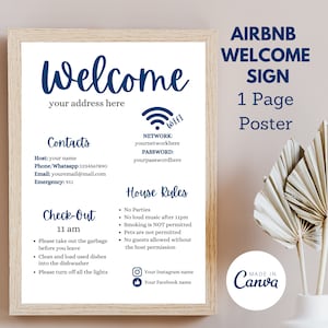 Plakat powitalny Airbnb, przewodnik powitalny, szablon Airbnb do wypełnienia i edycji, zasady domu + Wi-Fi + instrukcje dotyczące wymeldowania
