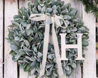 Personalized wreath for front door custom wreath year round wreath spring wreath lamb ear door hanger housewarming gift farmhouse greenery