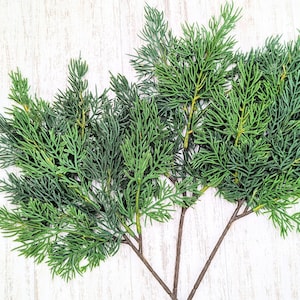 May include: Artificial evergreen branches with vibrant green foliage and brown stems. The leaves have a delicate, feathery texture. Perfect for adding a touch of nature to home decor or craft projects.