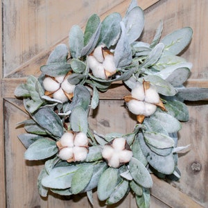 Mini lamb ear wreath year round wreath farmhouse wreath mini wreath candle wreath for cabinet accent decor cotton table centerpiece decor