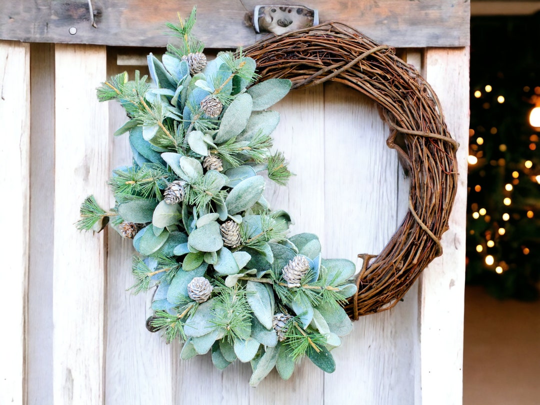 Winter Lambs Ear Wreath for Front Door Christmas Wreath Frosty Porch ...