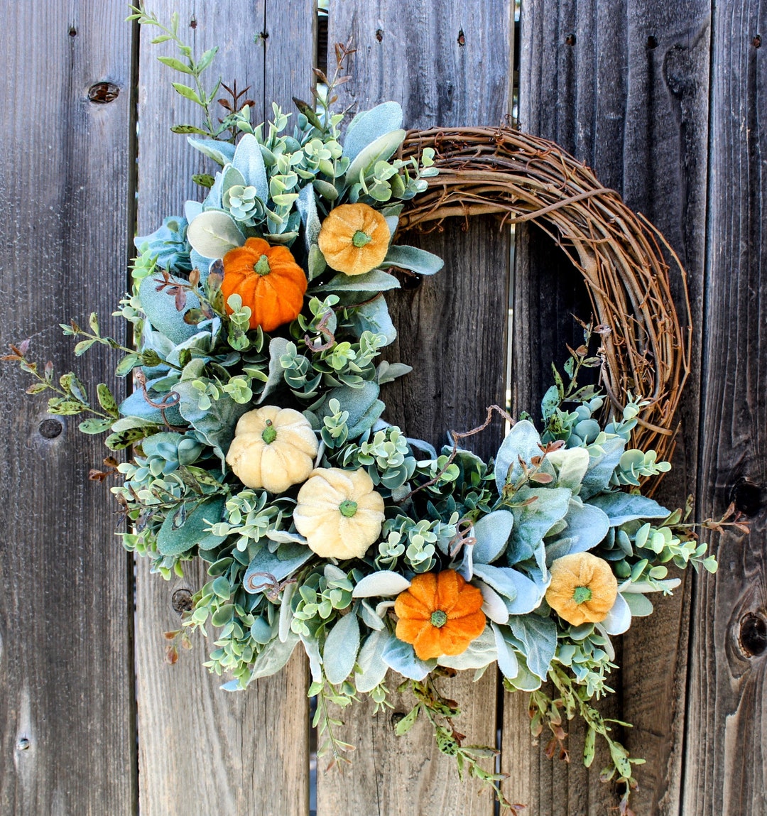 Fall Lambs Ear Wreath Front Door Eucalyptus Wreath Pumpkin Porch Decor ...