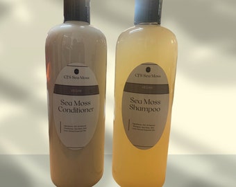 May include: Two clear plastic bottles with brown labels. The bottles contain sea moss shampoo and conditioner. The labels are labeled "CT'S Sea Moss" and are vegan.