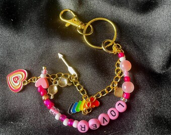 LOVER Beaded Keychain: Heart & Rainbow Charm, Swiftie Gift