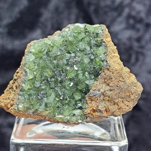 May include: A close-up of a green crystal cluster on a brown rock matrix. The crystals are small and sparkling, with a vibrant green color. The rock has a rough, textured surface. The mineral specimen is displayed on a clear glass stand.