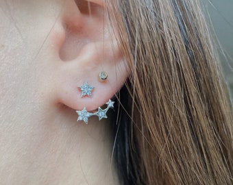Star Ear Jackets | 925 Sterling Silver Earrings | Triple Star Minimalist Earrings | Front Back Earrings | Zircon Earrings | Dainty Earrings