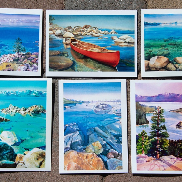 Lake Tahoe Art Cards Collection, Blank Card Set, All Occasion, Greeting, Watercolor Painting Print Stationery, Emerald Bay, Set of Six