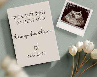 Digitale sjabloon zwangerschapsaankondiging| We kunnen niet wachten om onze kleine bestie te ontmoeten| Neutral Baby Reveal • Bewerkbare canvasdownload