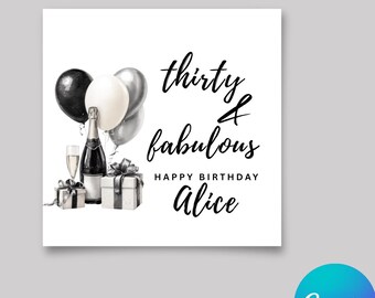 Gepersonaliseerde 30e verjaardagskaart | 30 en fantastisch | Gepersonaliseerde mijlpaalverjaardagsgroet | Zwart-wit afdrukbare verjaardagskaarten dertig jaar