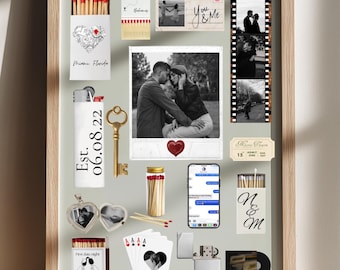 Aangepaste postersjabloon matchbook afdrukbaar | Collagekunst aan de muur romantisch stel | Poster luciferdoosje met herinnering | Bewerkbaar canvascadeau| DIY-luciferboekjes