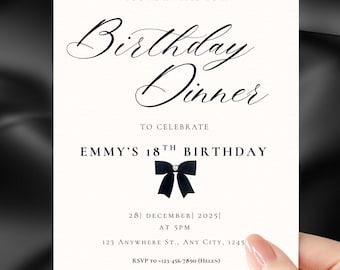 Sjabloon uitnodiging verjaardagsdiner | Elegante dineruitnodiging 18e verjaardag | Digitale uitnodiging diner | Minimalistische verjaardagsuitnodiging| Afdrukbaar
