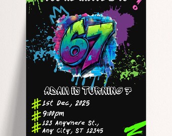 Uitnodiging voor verjaardagsfeestje Six Seven | 6 7 Meme Verjaardag | 6 7 uitnodigen, 7e verjaardag, bewerkbare canva-sjabloon, digitale download