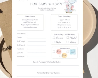 Kaart voor babyvoorspelling en -advies | Babyshowerspel | Voorspelling en wensen | Afdrukbaar en digitaal| Bewerkbare sjabloon|Elepants-ontwerpen