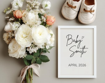 Digitale aankondigingssjabloon zwangerschap | Minimalistische bloemen| Neutraal baby-onthullingsbord | Bewerkbare canvasdownload | Moderne genderneutrale onthulling