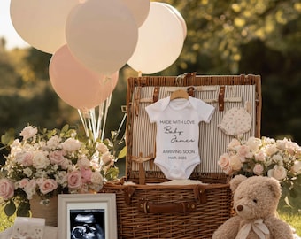 Zwangerschapsaankondiging| Digitale aankondiging| Neutrale baby-onthullingssjabloon| Geslachtsonthulling picknickmand | Genderneutrale babyaankondiging|