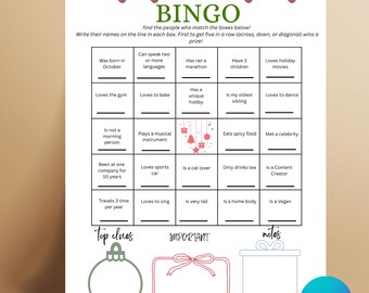 Bingospel Kerstfeest | Afdrukbare ijsbreker voor feestdagen | Bewerkbare canvassjabloon | Vind de gastbingo | Kantoor- of familiefeest