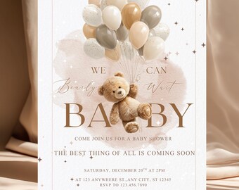 We Bearly Can Wait-uitnodiging voor babyshower | Baby showeruitnodiging teddybeer | Decoraties voor babyshowers| Genderneutraal| Canva direct downloaden